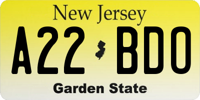 NJ license plate A22BDO
