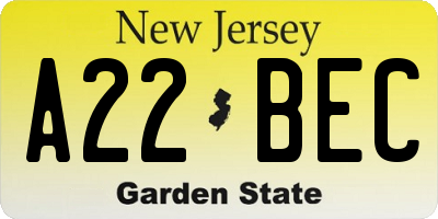 NJ license plate A22BEC