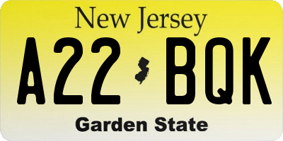 NJ license plate A22BQK
