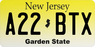 NJ license plate A22BTX