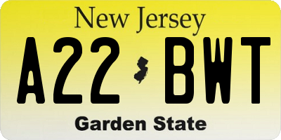 NJ license plate A22BWT