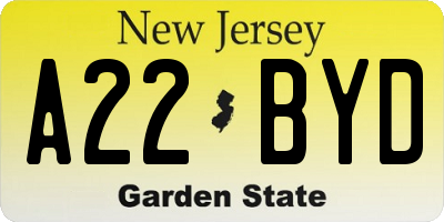 NJ license plate A22BYD