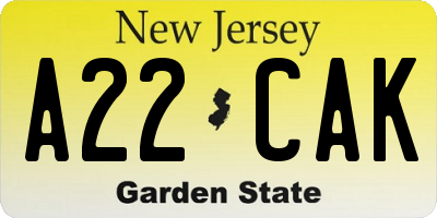 NJ license plate A22CAK