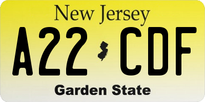 NJ license plate A22CDF