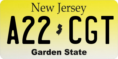 NJ license plate A22CGT
