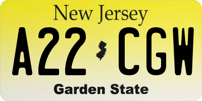 NJ license plate A22CGW