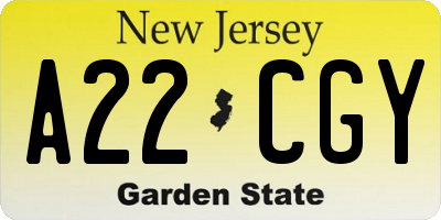 NJ license plate A22CGY