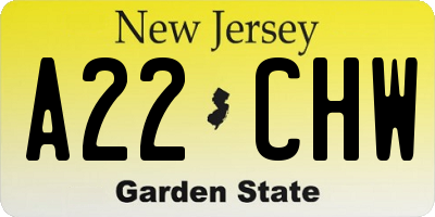 NJ license plate A22CHW