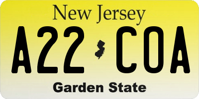 NJ license plate A22COA