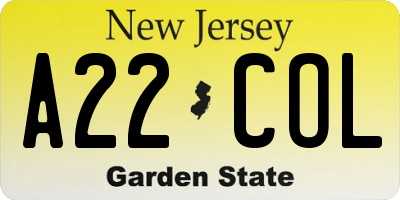 NJ license plate A22COL