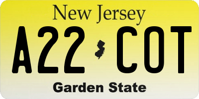 NJ license plate A22COT