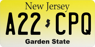 NJ license plate A22CPQ