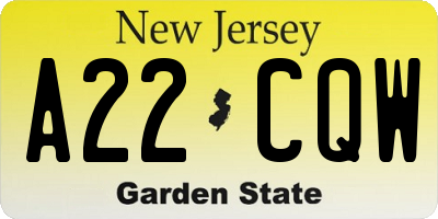NJ license plate A22CQW