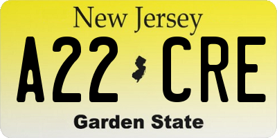 NJ license plate A22CRE