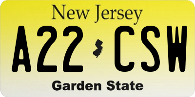 NJ license plate A22CSW