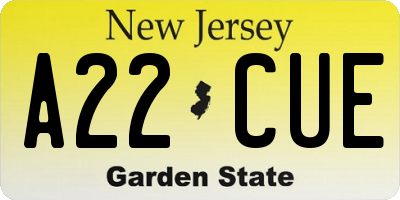 NJ license plate A22CUE