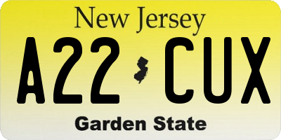 NJ license plate A22CUX