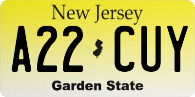 NJ license plate A22CUY