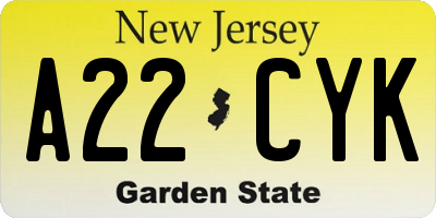 NJ license plate A22CYK