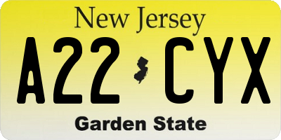NJ license plate A22CYX