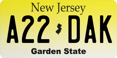 NJ license plate A22DAK