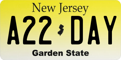 NJ license plate A22DAY