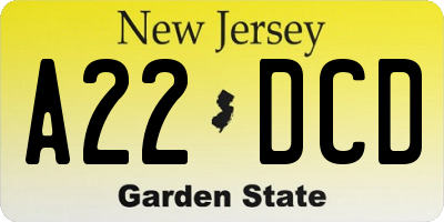 NJ license plate A22DCD