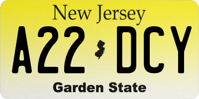 NJ license plate A22DCY
