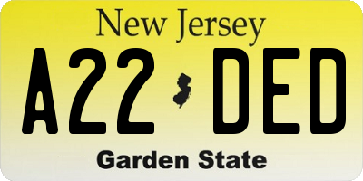 NJ license plate A22DED