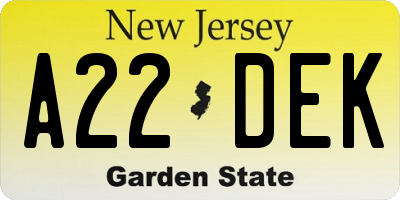 NJ license plate A22DEK