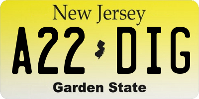 NJ license plate A22DIG