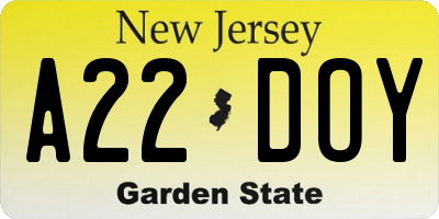 NJ license plate A22DOY