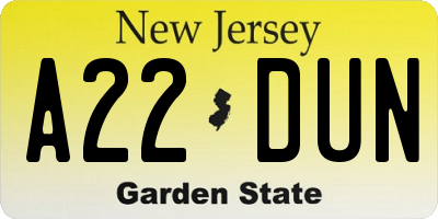 NJ license plate A22DUN