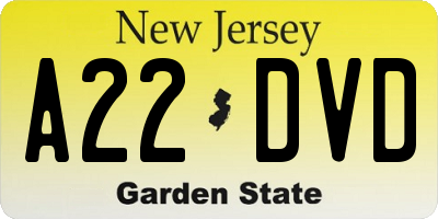 NJ license plate A22DVD