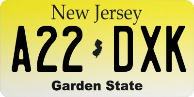 NJ license plate A22DXK