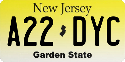 NJ license plate A22DYC
