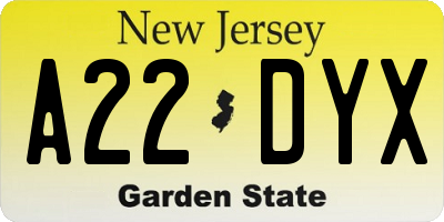 NJ license plate A22DYX
