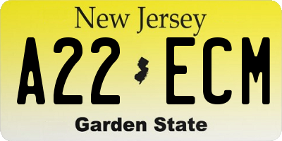 NJ license plate A22ECM