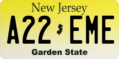 NJ license plate A22EME