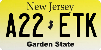 NJ license plate A22ETK