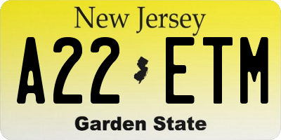 NJ license plate A22ETM