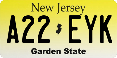 NJ license plate A22EYK
