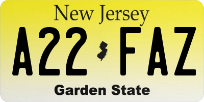 NJ license plate A22FAZ