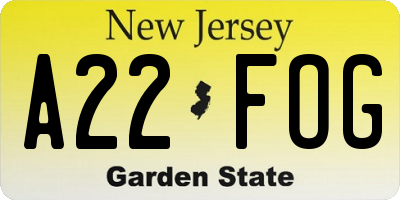 NJ license plate A22FOG