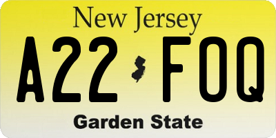 NJ license plate A22FOQ