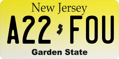 NJ license plate A22FOU