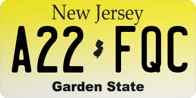 NJ license plate A22FQC