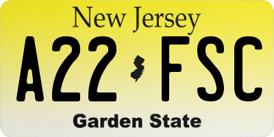 NJ license plate A22FSC