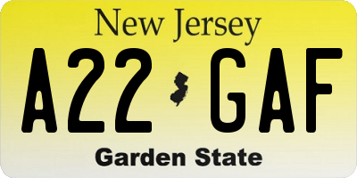 NJ license plate A22GAF