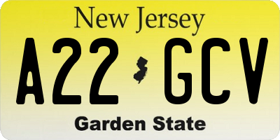 NJ license plate A22GCV